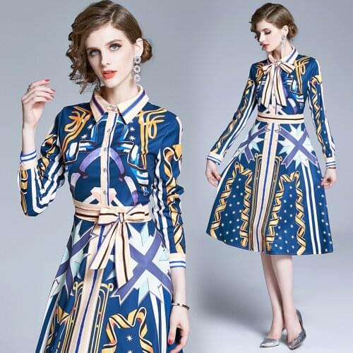 Women Vintage Floral Print Office Evening Party Long Sleeve Gift Dress Vestidos Plus Size 2020 Designer High Quality Midi Dress