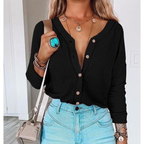 Women Off Shoulder Tops T-Shirts Long Sleeve Button Down Tie Knot Front Waffle Knit Shirts Autumn Spring Female Ladies Fashion