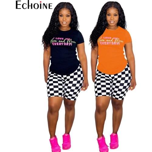 Echoine Women lattice print Fitness 2 Piece Set t-shirt Top and Biker Shorts Summer Fashion Jogger Tracksuit Party Club Outfits