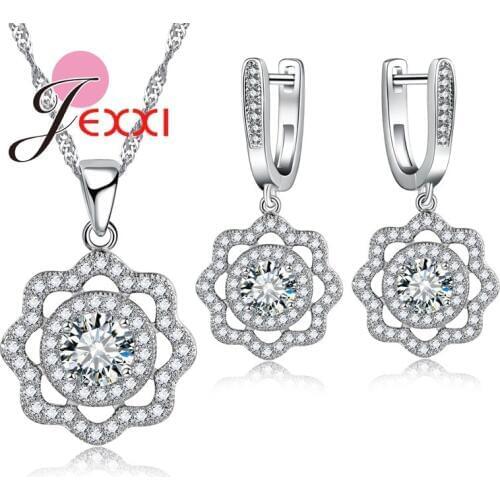 Elegant Flower Design 925 Sterling Silver AAA Crystal Wedding Bridal Jewellery Set For Women Earrings Necklace Set