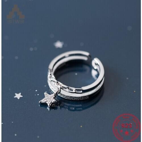 Korea New Style 925 Sterling Silver Simple Fashion Chic Diamond Star Double Chain Open Ring Jewelry for Women