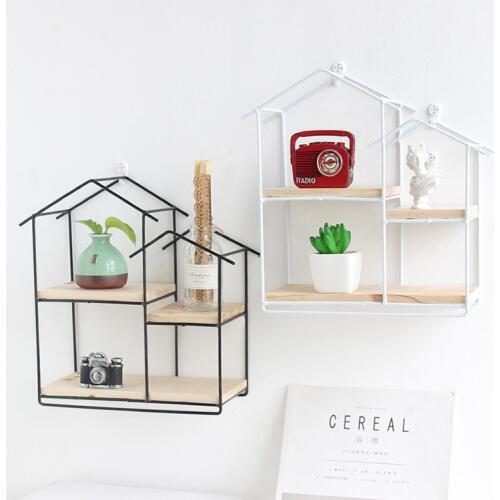 1PC House Metal Wall Rack Two layer Flower Vase Holder Multi-use Wooden Wall Sundries Holder Wall Shelf Storage Rack JL 247