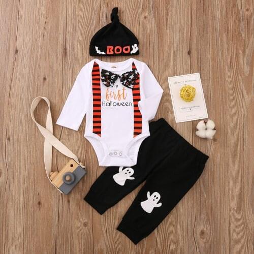3Pcs Baby Halloween Outfit Letters Print Long Sleeves Romper + Ghost Print Pants + Hat for Toddler Boy 0-18 Months
