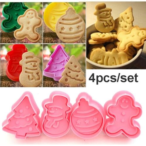4pcs/set Christmas Cookie Mold Xmas Tree Snowman Pattern Cookie Biscuit Plunger Cutter Mould Fondant Chocolate Baking Molds Tool
