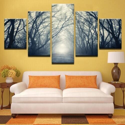 5 Piece Wall Art Canvas Paintes Forest Trail Morning Mist Landscape Paintings Trees Poster For Home Living Room Decoration