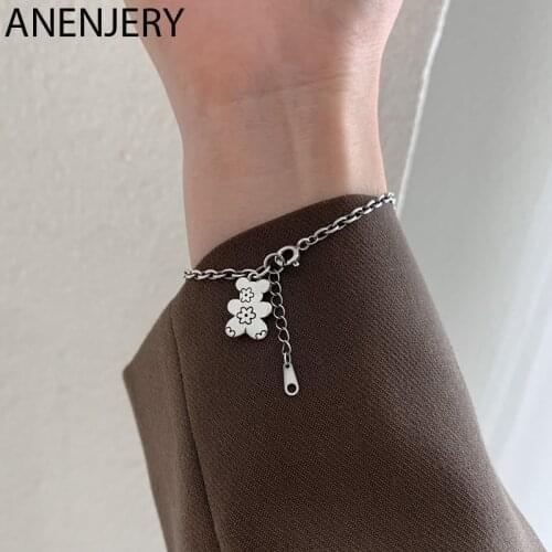ANENJERY 925 Sterling Silver Lovely Bear Charms Chain Bracelet Simple Retro OT Clasp Hip-hop Hand Jewelry Birthday Gift S-B533