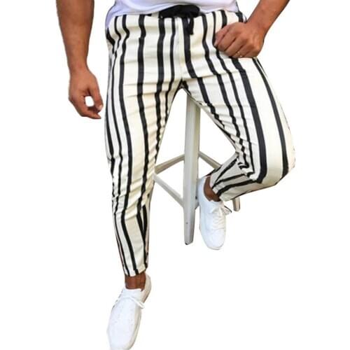 Pants Chic Men Vertical Stripes Print Drawstring Skinny Pencil Pants Sports Trousers