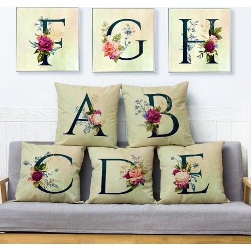 English Flower Letter Print Throw Pillow Cover 45*45cm Cushion Covers Linen Pillow Case Sofa Home Decor Beige Pillows Cases
