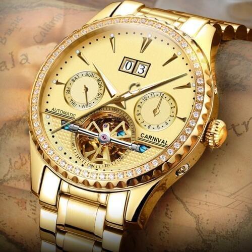 Carnival Luxury Brand Tourbillon Mechanical Watches Men Skeleton Stylish Fashion Automatic Watches Waterproof luxury Clock