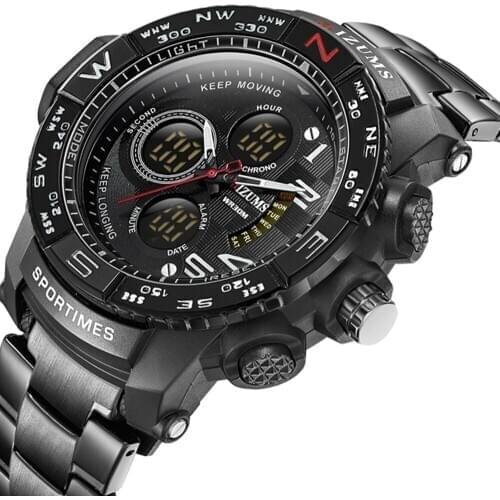 Mizums Brand Quartz Watch Mens Sport Watches Men Black Steel Band Military Clock Waterproof LED Digital Watch Relogio Masculino