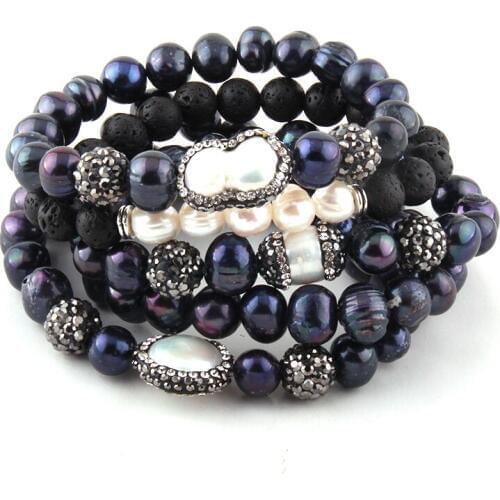 MOODPC Fashion Beautiful 5pc set Black/White Bracelet Set Freshwater Pearl Strand Bracelets Handmake Paved Bracelets