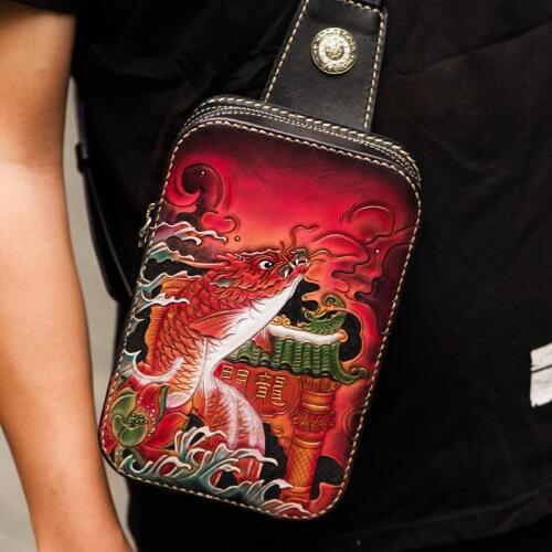 Handmade Top layer Leather Men Vegetable Tanned Leather Shoulder Bag Cowhide Hand-carved Dragonfish Delicate Chest Bags