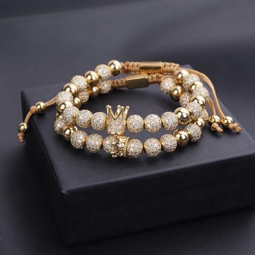 New Luxury Women Men Jewelry Bracelet Micro CZ Pave King&Queen Charms Royal Beads Macrame Cord Bracelet Women Men