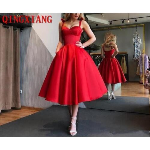 Retro Red Black Straps Prom Dresses 2019 A Line Tea Length Plus Size Cheap Satin Short Cocktail Party Gowns with Pockets