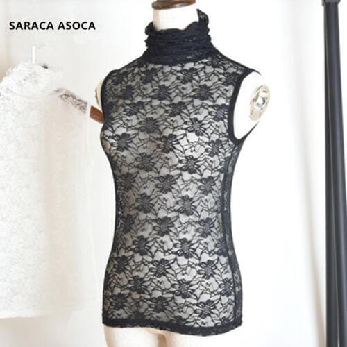 Sleeveless Lace Perspective Black Standing Detachable Collars Women All Match Lace Sexy Sweater Long Fake Collar Lady A422