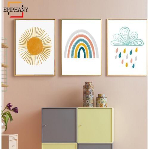 Rainbow Nursery Decor Boho Sunshine Wall Art Print Nordic Canvas Painting Cartoon Posters Wall Pictures for Kids Room Decoration