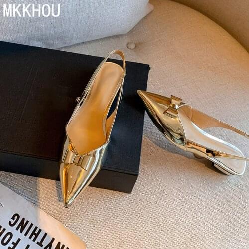 MKKHOU Fashion Sandals Women New Summer Shoes Gold Silver Mirror Leather Pointed Bow Bow Sling Flat Low Heel Sandals Large Size