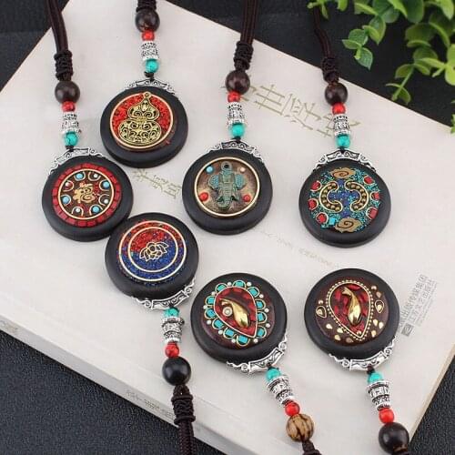 Thailand Totem exotic Designs ethnic Nepal copper sandalwood fish pendants jewelry Buddha vintage necklace Bodhi Seed women