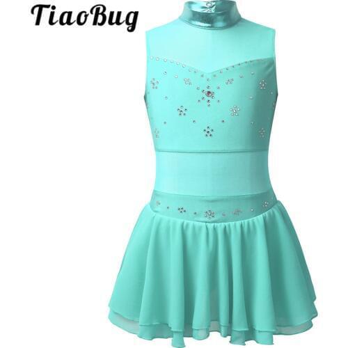 TiaoBug Kids Sleeveless Metallic Tulle Splice Rhinestones Dancewear Gymnastics Leotard Girls Ballet Costume Figure Skating Dress
