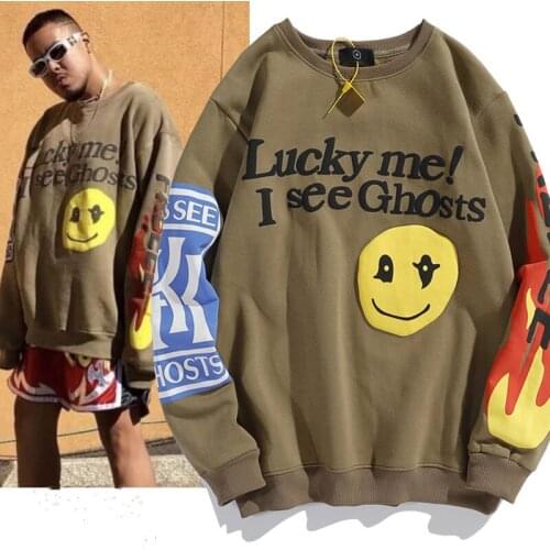 KANYE Smiley Flame Print Round Neck Sweatshirt Men and Women Plus Velvet Streetwear Stranger Things Hoodie Pullover Mens Hoodies