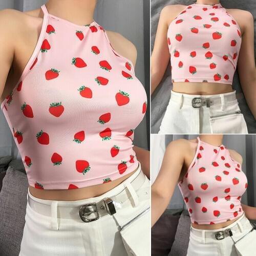 Fashion Women Summer Casual Tank Tops Vest Sleeveless Crop Sexy Cute Sweet Strawberry Print Sleeveless Pink Girls Ladies Camis