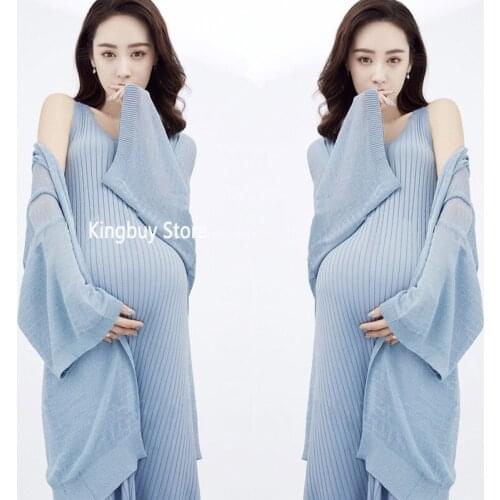 Knitted Blue Leisure Maternity Dresses Suspender Dress Coat Studio Photo shoot Women Photography Photo Clothes Props