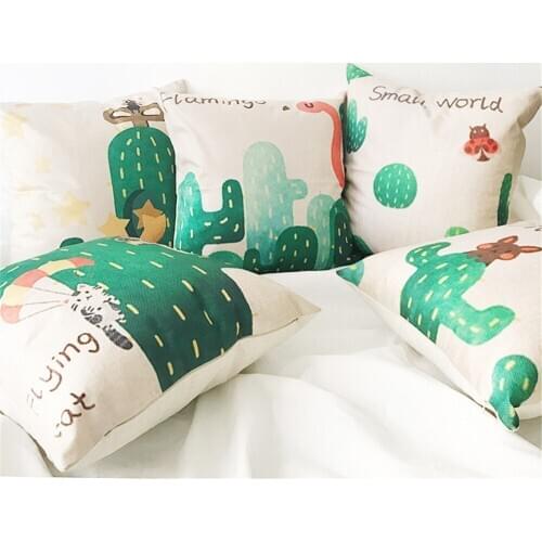 Tropical Plants Watercolor Cactus Cushion Covers Hibiscus Flower Cushion Cover Decorative Beige Linen Pillow Case 45x45 CM