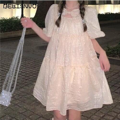 Japanese Summer Grey Apricot Preppy Style Dress Sweet Soft Girls Bow Kawaii Dress Puff Sleeve Cute Gauze Tender Princess Dresses