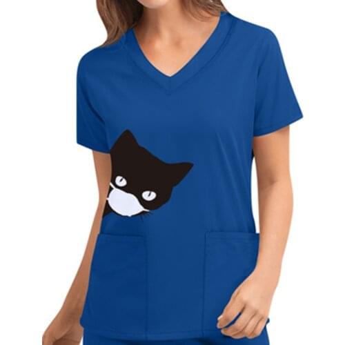 S-3XL 15Styles Cat Heartbeat Print V-neck Scrub Short Sleeve Breathable Nurse Uniform Woman Animal Healthcare Work Tunic Tops