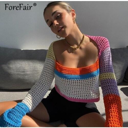 Forefair Knitted Y2K Long Sleeve Women Crop Top Tee 2021 Summer Fashion Patchwork Female T Shirts Ladies Vintage Sexy Clothing