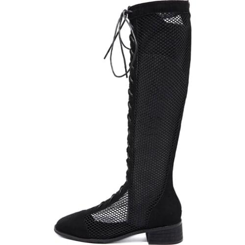 Mesh Long Boots Womens Knee High Summer Gladiator Square Heels Shoes Roman Female Cross-tied Boots Black