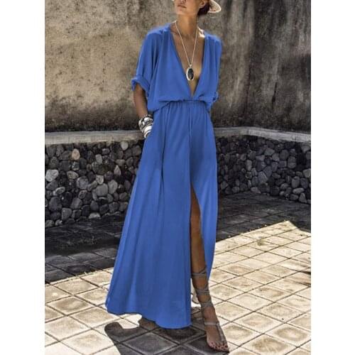 Bohemian Dress Robe Sexy V Neck Half Sleeve Women Ankle-Length Big Swing Summer Casual Beach Dress