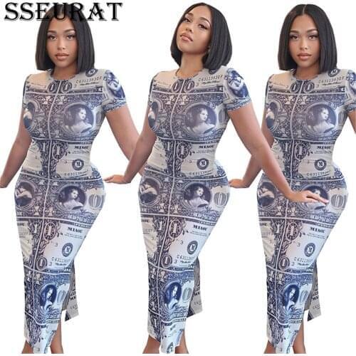 SSEURAT Women Dress Print Short Sleeve Stretchy Skinny Bodycon Long Dresses Fashion Casual Vestidos Summer Outfits