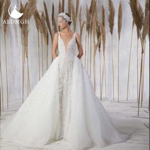 Aedmgh Mermaid 2 In 1 Wedding Dresses 2021 V-Neck Long Sleeve Vestido De Novia Lace Beaded Shiny Detachable Train Robe De Mariee