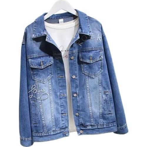 2021 Spring Autumn New Denim Jacket Female Korean Casual Letter Embroidery Outerwear Womens Short Bomber Jackets Plus Size 5XL