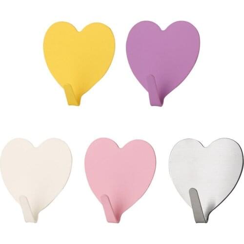 5pcs Cute Heart Shaped Free Punch Hooks Self Adhesive Steel Strong Sticky Wall Door Hang Kitchen Bathroom Storage Organizer Hook