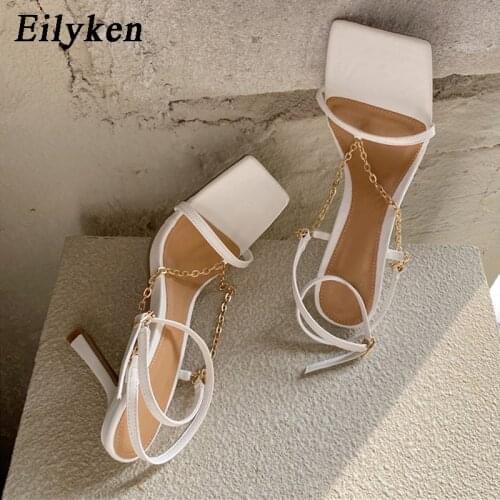 Eilyken White Women Sandals Female heel Fetish Strappy Black Shoes Lady Summer Ankle Strap Chain Sexy Pumps Sandals