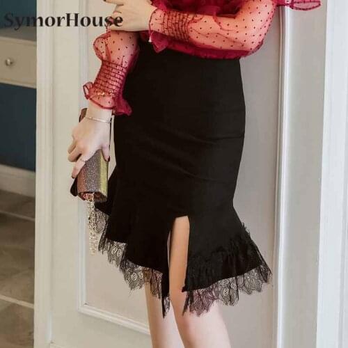 Women Knee Length Mermaid Skirt High Waist Slim Ruffles Skirt Black Red Bodycon Split lace Skirt for women plus size 5XL