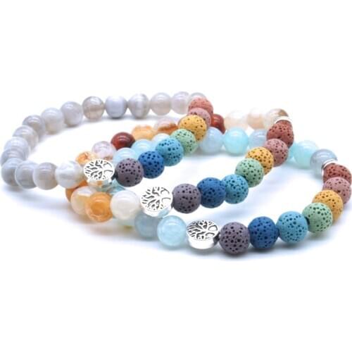 Tree of Life 8mm Seven Chakras Lava Stone Beaded Bracelet DIY Aromatherapy Essential Oil Diffuser Bracelet Yoga Jewelry