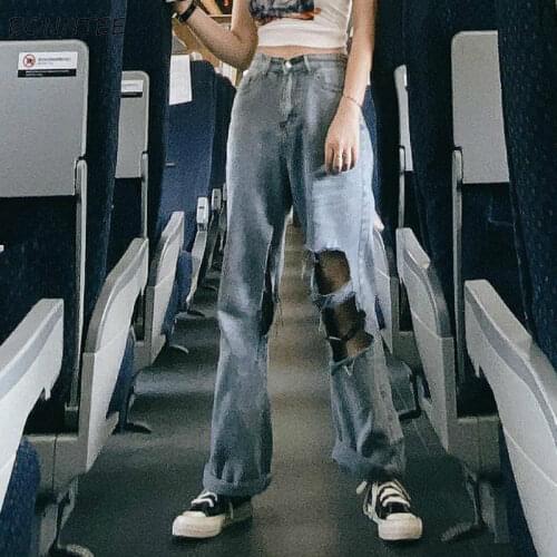 Jeans Women Beggar Trousers Oversized Design Korean Style Fashion Street Hole Denim Summer Washed Straight Baggy Casual Female