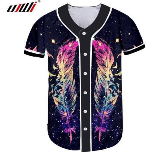 UJWI New Men T Shirt Funny Shirt Printed Galaxy Space Feather 3d T-shirt With Button Short Sleeve Tops Tee Baseball Jerseys 5XL