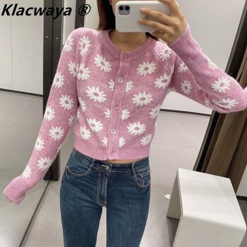 Klacwaya Women Fashion knitted Cardigan Floral Sweet Long Sleeve O-Neck Single breasted Knitted Sweater jacket Loose Chic Top