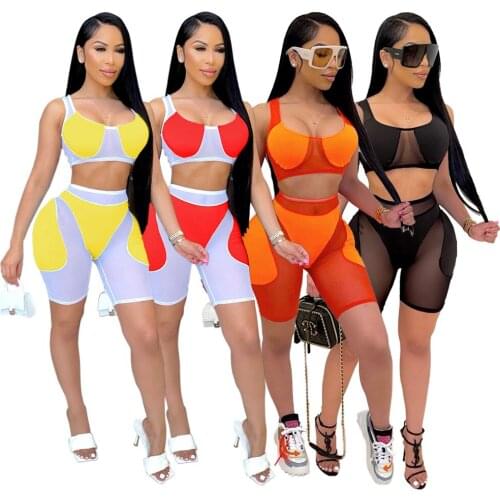 Sexy Patchwork Mesh Biker Shorts 2 Piece Set Woman Tracksuit Sleeveless Tank Crop Top Summer Club Outfits Matching Sets 2021