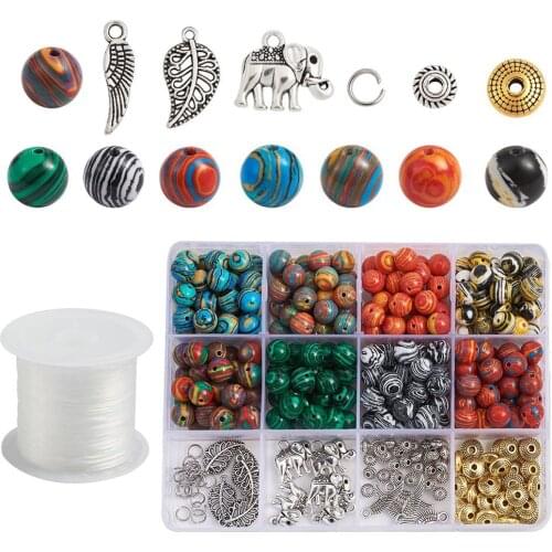 1Set Synthetic Malachite Round Beads with Tibetan Style Alloy Findings Jump Ring Elastic Fibre Wire for Jewelry Bracelet Making