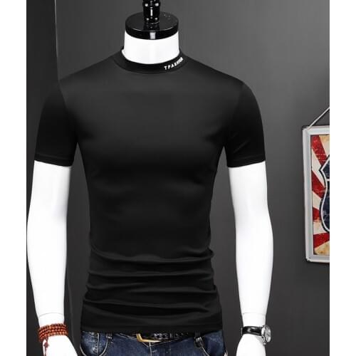 Fashion Men Short Sleeve T-Shirt 2021 Summer Little Turtleneck Letter Decorate Double Mercerized Cotton Slim Fit Black T Shirt