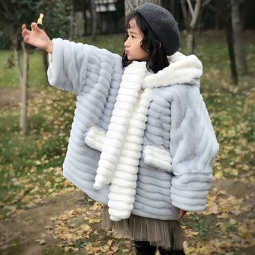Fashion brand winter girls fur Hooded Coat With Scarf Cotton Padded overcoat Shawl Cloak Cape Jacket big girl Faux Fur Clothing