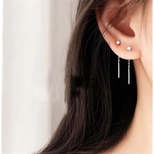 925 Sterling Silver Small Square Tassel Stud Earring For Women Girls Party Jewelry Pendientes Accessories eh1310