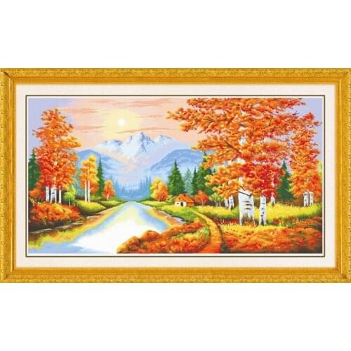 DIY Cross Stitch Kit, Needlework,Set For Embroidery Full Cross-Stitching Cotton & Silk Thread Living Room Maple Forest Landscape