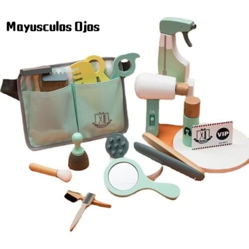 Simulation Haircut Bag Set Childrens Play House Role Playing Hair Cutting Makeup Tools Wooden Baby Toys
