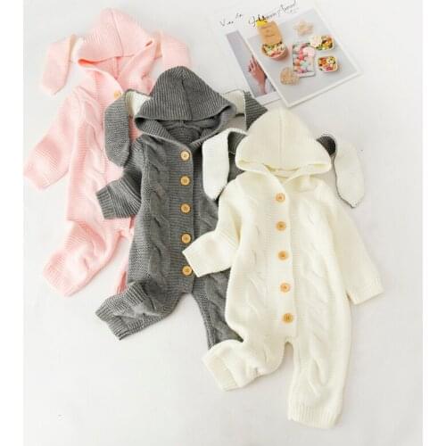 2021 Autumn Winter New Baby Romper Hot Sale Infant Clothing Children Cute Three-dimensional Rabbit Ears Hooded Knitted Jumpsuit